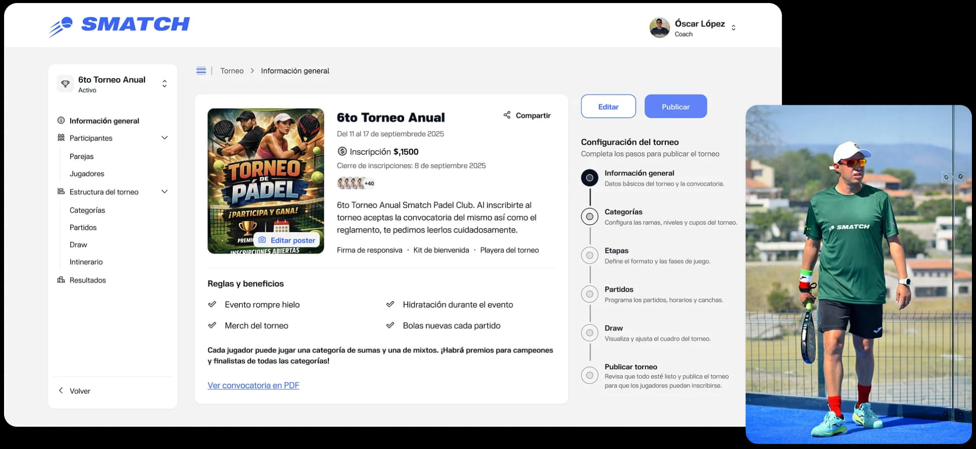 Dashboard de torneos en Smatch