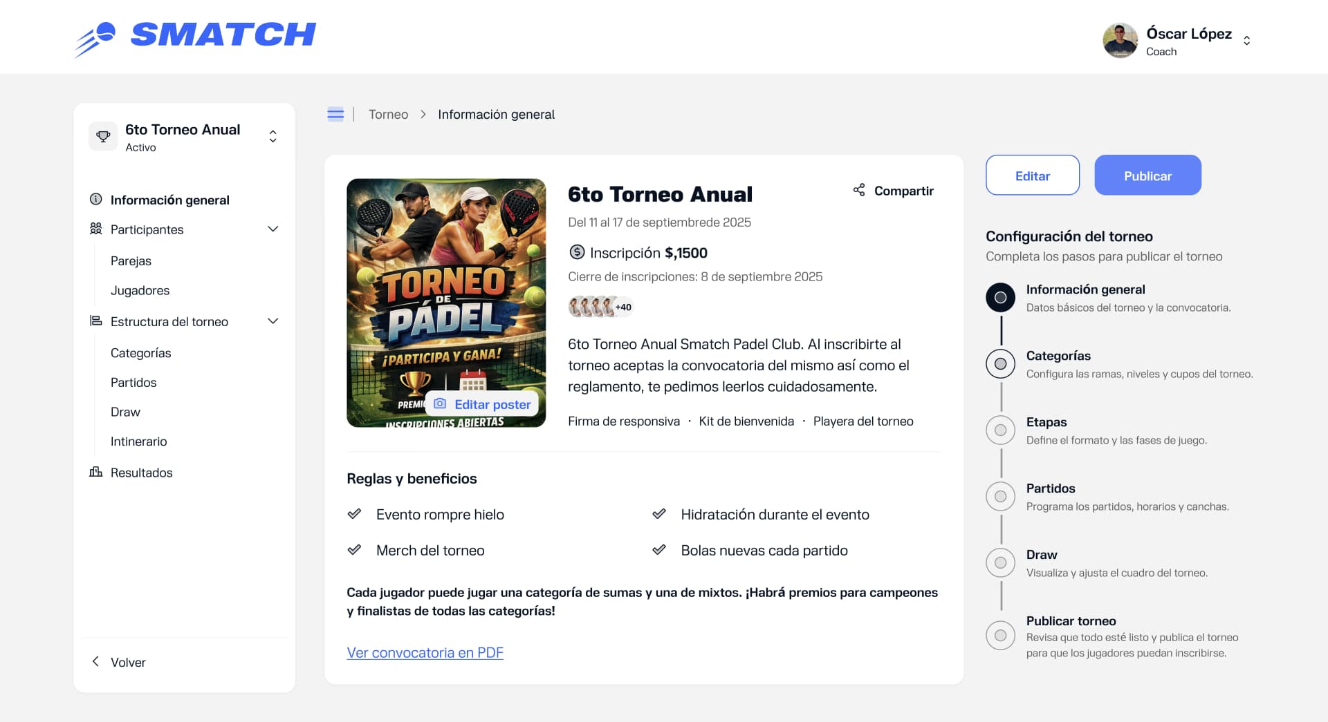 Dashboard de torneos en Smatch