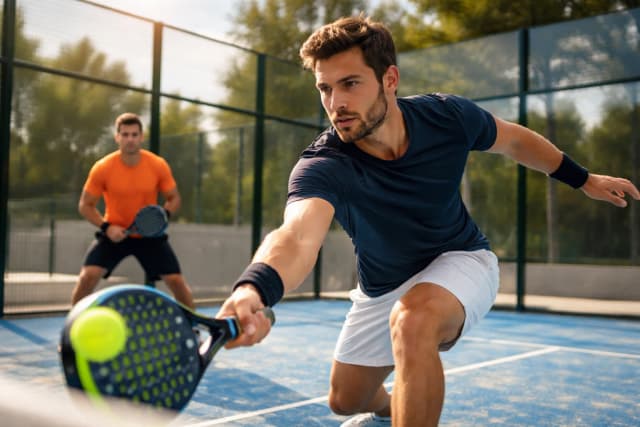 Jugador de pádel preparando un saque en cancha